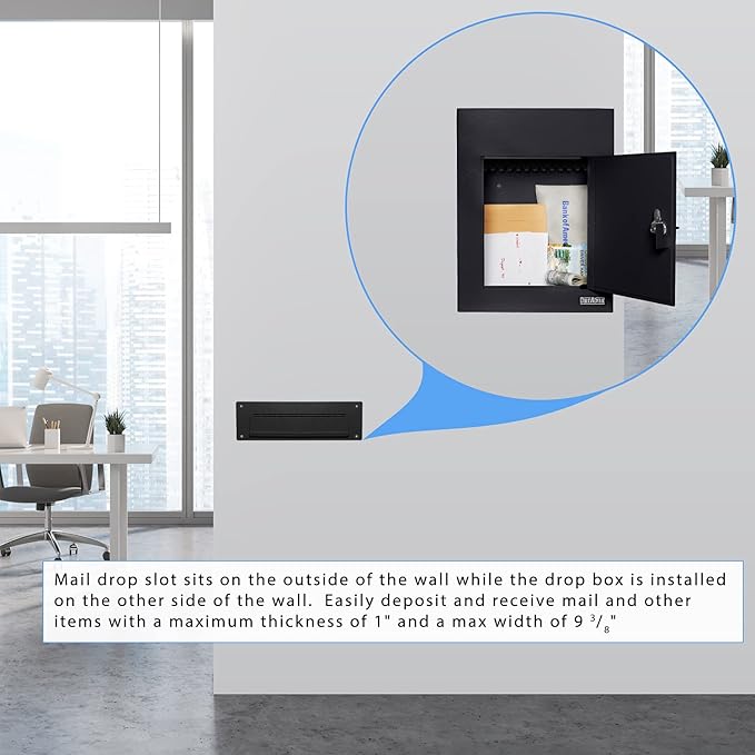 Through-The-Wall Drop Box Deposit Safe 17 x 13 x 7 - Heavy Duty Steel Mailbox with Lock for Receiving Mail, Checks, Letters, Cash and More for Home, Office and Commercial Use (D700) (Black)