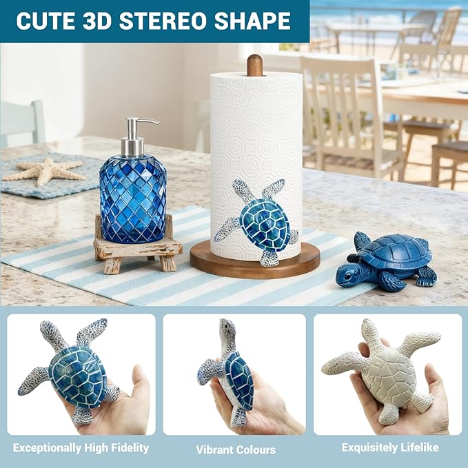 Turtle Paper Towel Holder Countertop, 3D Modern Marine Kitchen Counter Decor, Cute Resin Turtle Wooden Stand for Bathroom & Home Indoor Table, Winter Xmas Gift for Women, Housewarming Gifts, Blue
