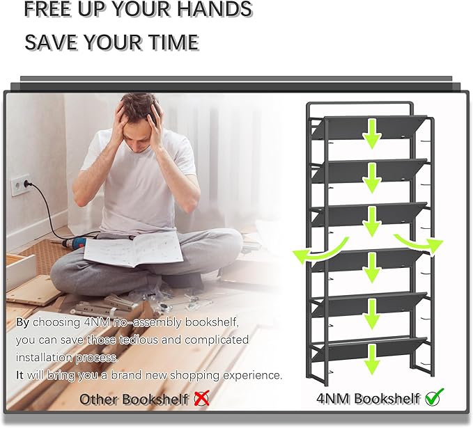 4NM No Assembly 6 Tiers Folding Bookshelf Storage Shelves Vintage Bookcase Standing Racks Study Organizer Home Office (All Black)