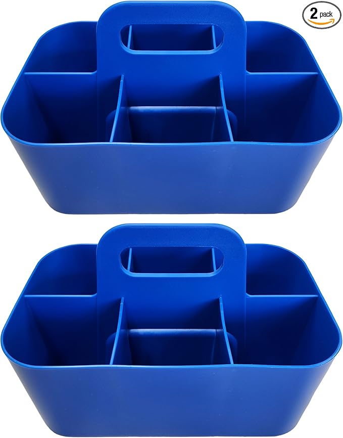 2 Pack Small 6 Compartment Multiuse Caddy Organizer with Handle Art Craft Supplies, Office, Desk, Stationery Pen Holder Stackable- Made In USA (Blue)