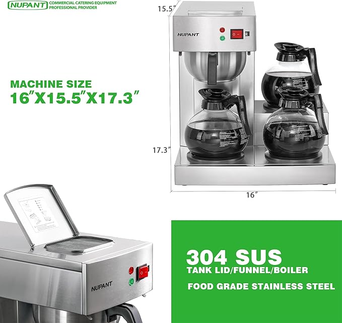 12 Cup Commercial Coffee Maker, Drip Coffee Maker Machine with 3 Warmers Plate and 3 Glass Decanters, Stainless Steel Pour Over Commercial Coffee Brewer for Restaurant, Office, Cafe Use