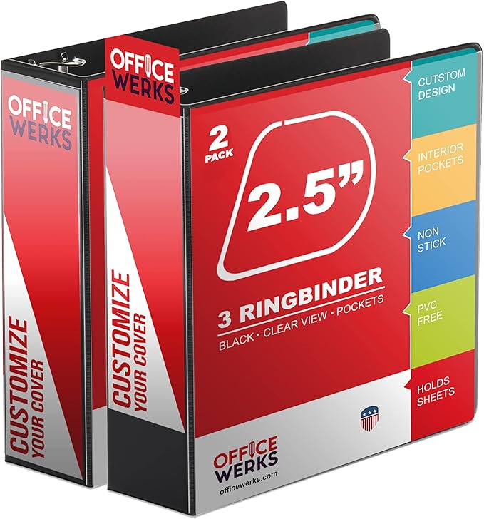 Performore Premium 3 Ring Binder, Professional Angle D Ring 2.5 Inch, Presentation Folder for Standard Pages 8.5 x 11 with Pockets, Crystal Clear View Black (2 Pack)