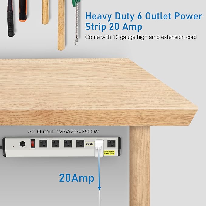CCCEI Heavy Duty Power Strip Surge Protector 20 Amp, High Amp Industrial Shop Garage Metal Multiple Outlets, 6 FT 12 Gauge 5-15P Extension Cord 6 Outlet 6-20R T-Slot 20a for Appliance.