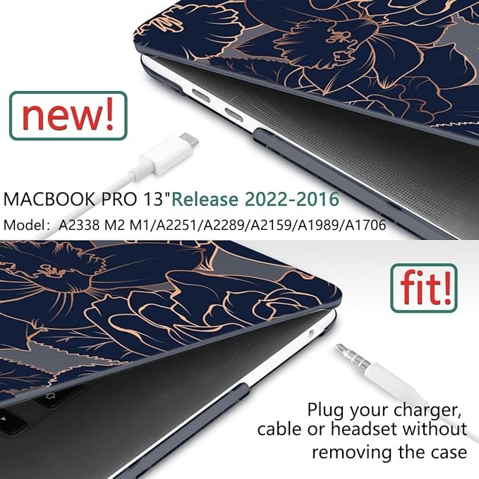 TWOLSKOO Compatible with MacBook Pro 13 inch Case 2023-2016 A2338 M2/M1 A2251 A2289 A2159 A1989 A1706, Plastic Hard Shell Cover & Keyboard Skin & Screen Protector, Elegant Roses