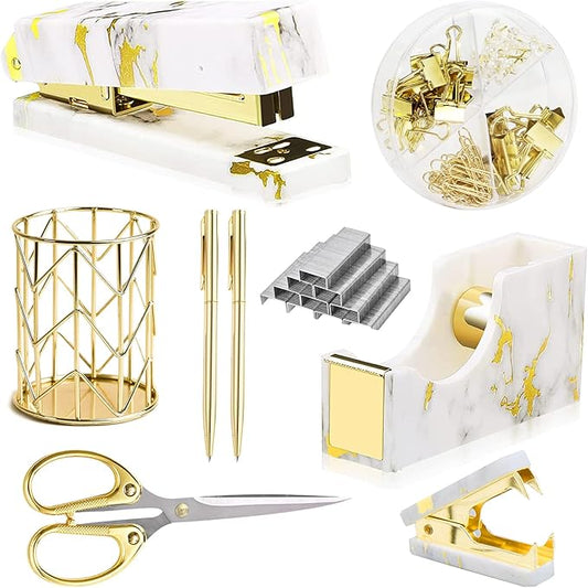 Gold Marble Desk Accessories, Office Supplies Set Stapler Set Staple Remover, Tape Holder, Pen Holder, 2 Ballpoint Pen, Scissor, Binder Clips, Paper Clips and 1000pcs Staples.