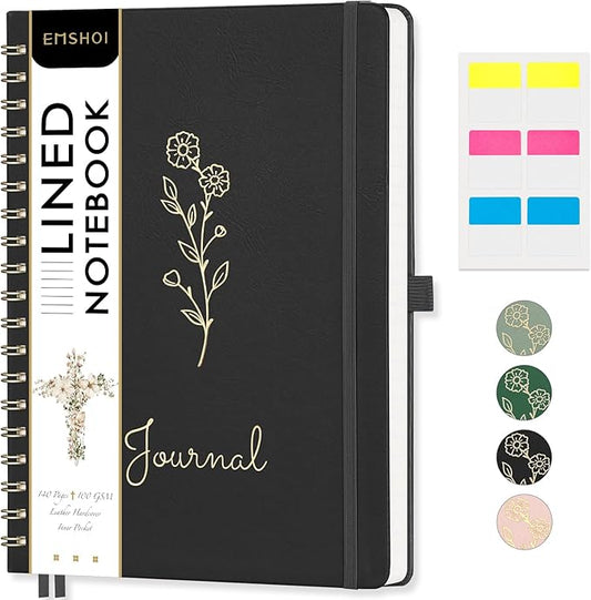 EMSHOI Lined Spiral Journal Notebook for Women & Men, 140 Numbered Pages, College Ruled Hardcover Notebook for Work & Note Taking, Journals for Writing, B5(7.48"x10.15") - Black