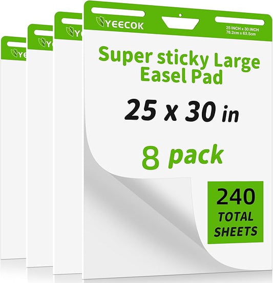Sticky Easel Pad 25 in x 30 in, 30 Sheets/Pad, 8 Pads/Pack, Sticky Flip Chart Paper for Teachers, Super Sticking Power & Bleed-Resistant