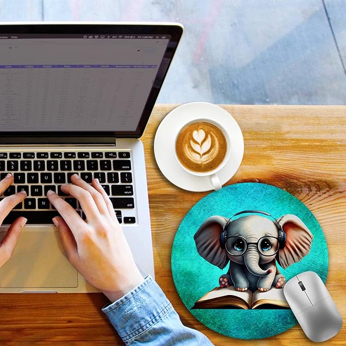 Small Mouse Pad, Cute Elephant Round Mouse Pads for Desk, Travel Mini Mousepad Non-Slip Rubber Base, Portable Mousepads for Wireless Computer Mouse Laptop, Office Desk Accessories, 8.6 * 8.6 Inch