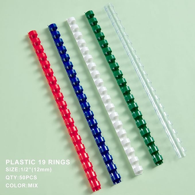 HOUYEE 19 Ring Plastic Binding Comb,1/2 Inch Diameter,75 Sheet Capacity,Letter Size, Multi-Color Binding Comb Spines, 50 Pack,White, Red,Green,Clear,Blue