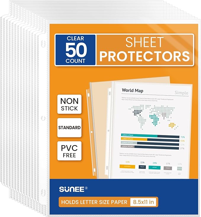 SUNEE Sheet Protectors 50 Packs for 3 Ring Binder, PVC-Free Clear Page Protectors 8.5x11 Inches Plastic Sleeves for Paper, Documents, Photos, Top Loading Binder Sleeves Letter Size