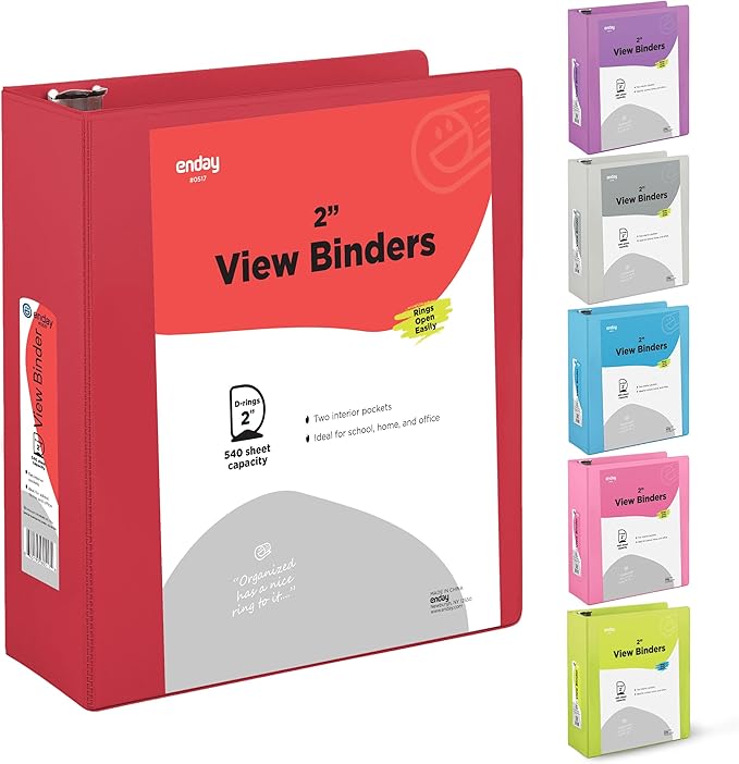 2 Inch 3 Ring Binder 2” Red, Slant D-Ring 2 in Binder Clear View Cover with 2 Inside Pockets, Heavy Duty Colored School Supplies Office and Home Binders – by Enday