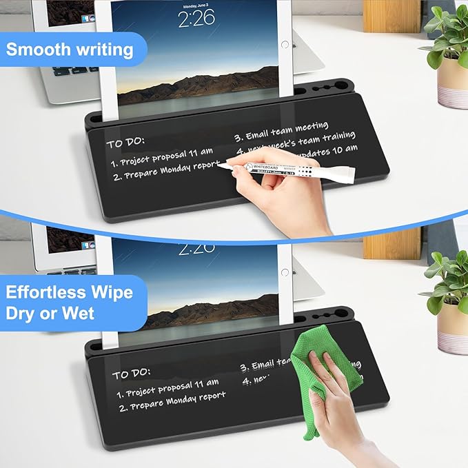 Desktop Glass Whiteboard with Storage, Desk Board with Computer Keyboard Stand, White Dry Erase Board with Drawers for Home, School, Office Desk Organizers and Accessories - Black