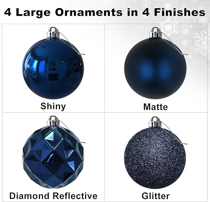 Navy Blue 4.0" Large Christmas Balls - Christmas Tree Decoration Ornaments Shatterproof Hanging Balls for Birthday Halloween Holiday Wedding Decorations Set of 4pcs