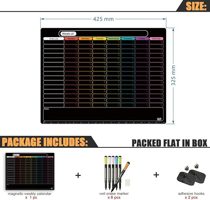 MAG-FANCY Magnetic Dry Erase Calendar for Refrigerator Weekly Chore Chart Schedule Planning Board 6 Fine Tip Wet EraseMarkers & Mounts for Wall Hanging Black