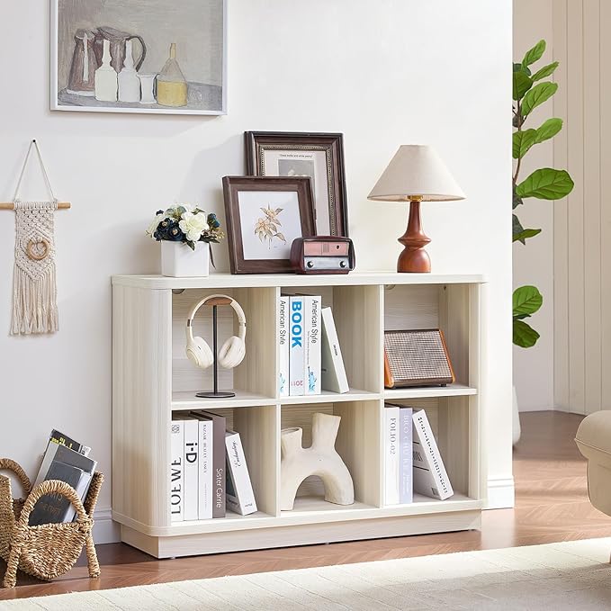 6 Cube Bookcase, 40" Wide Low Horizontal Book Shelf w/Curved Edge, Wood Floor Standing 2-Tier Bookshelf with Base, Modern Short Storage Cabinet Book Case for Bedroom, Office, White Cream Oak
