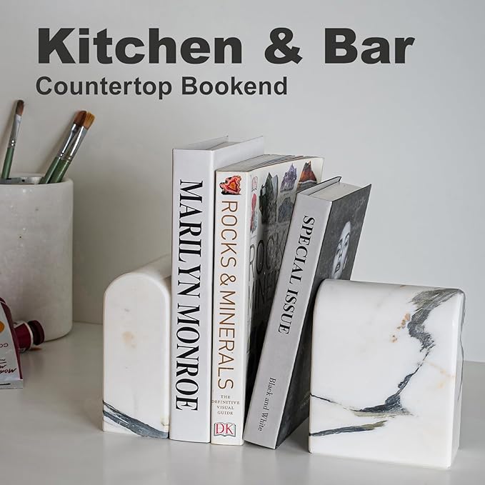 Koville Natural Marble Bookends for Shelves, 13LBS Ultra Heavy Duty Marble Book Holders Organizer, Non-Slip Book Ends, Apartment Decor for Movies/CDs/Video Games