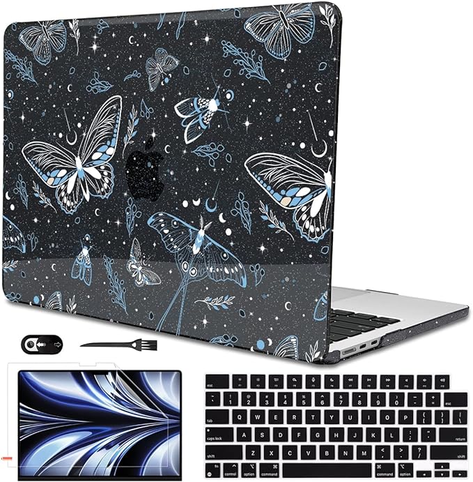 for 2025 MacBook Air 13.6 Inch Case M4 A3240 M3 A3113 M2 A2681 2024 2023 2022 Release, Glitter Black Printed Plastic Hard Shell Cover for Mac Air 13.6 M4 M3 M2 Chip Touch ID, Butterfly Sky