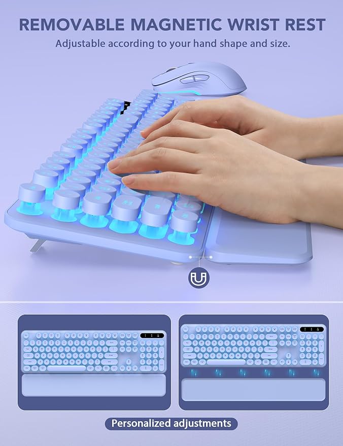 Wireless Keyboard and Mouse Backlit - Typewriter Keyboard with Retro Round Keycaps, Detachable Wrist Rest, Light Up Letters, 2.4G Rechargeable Combo for Mac, Windows, PC, Laptop, Trueque (Purple)