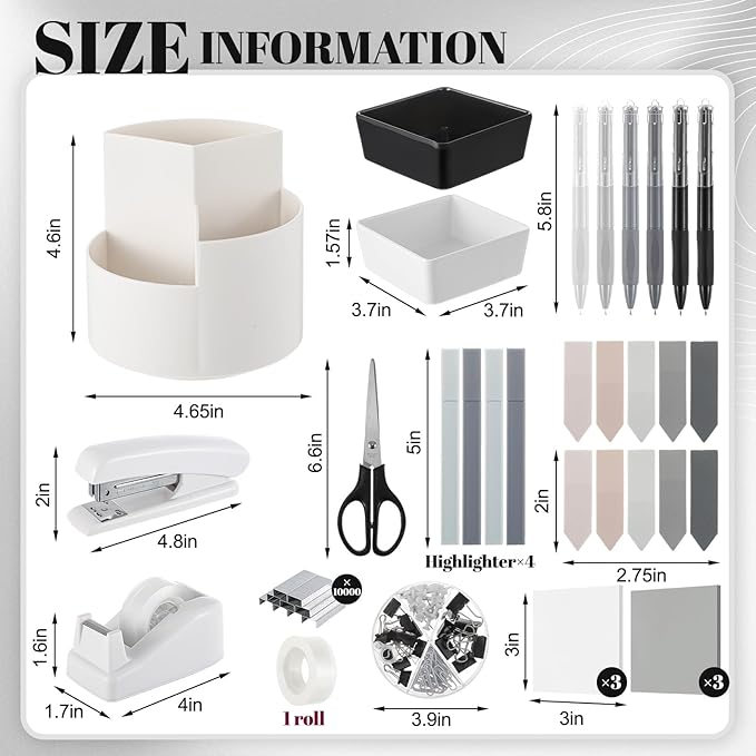 Kosiz 27 Pcs Black White Desk Accessories Aesthetic Desk Organizer Neutral Office Supplies Pen Holder Stapler Binder Sticky Notes Paper Clips Scissor Staples Aesthetic Accessories for Women(Classics)