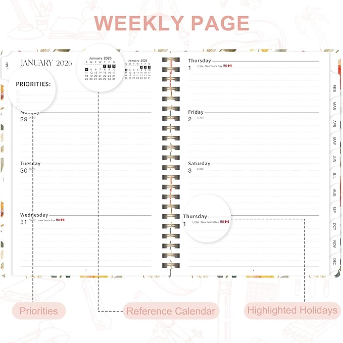 2026 Planner, Weekly and Monthly Calendar Book Planner, Agenda 2026 from January to December, Academic Planning for School, Offices Supplies, Painted Flowers