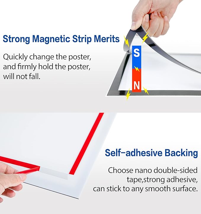 Acrylic Sign Holder 8.5" x 11" Wall Mount, Self Adhesive Magnetic Display Frame with Nano Tape, Plastic Clear Document Frame for Office, Store, School, Home, Wall Picture Frame (Silver, 5Pack)