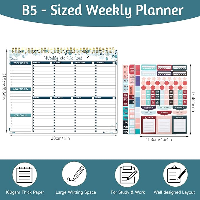 Thboxes 52 Sheets Weekly To Do List Notepad, 8.5" x 11" Efficiently Plan Weekly Task List Notepad for Student Work Home Office School Improve Focus and Efficiency Weekly Planner Blue