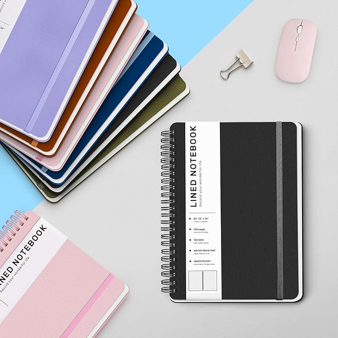 Lined Spiral Journal Notebook, B5 Hardcover Leather Notebook for Work, 7.8''×10'', 100GSM Thick Paper Spiral Bound Journaling Notebooks for Women & Men Office School Note Taking Business, Black