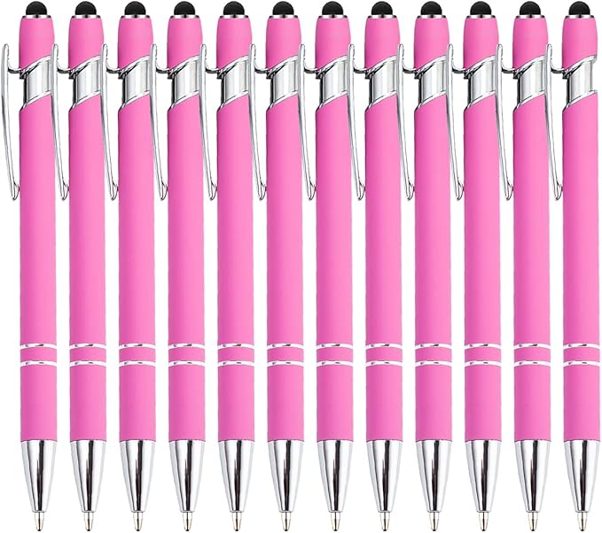 PASISIBICK 12 Pieces Pink Ballpoint Pen with Stylus Tip, 2 in 1 Stylus Stylish Pen, Premium Metal Stylus Pen for Touch Screens, Black Ink, 1.0 mm Medium Point(12 PCS Pink)