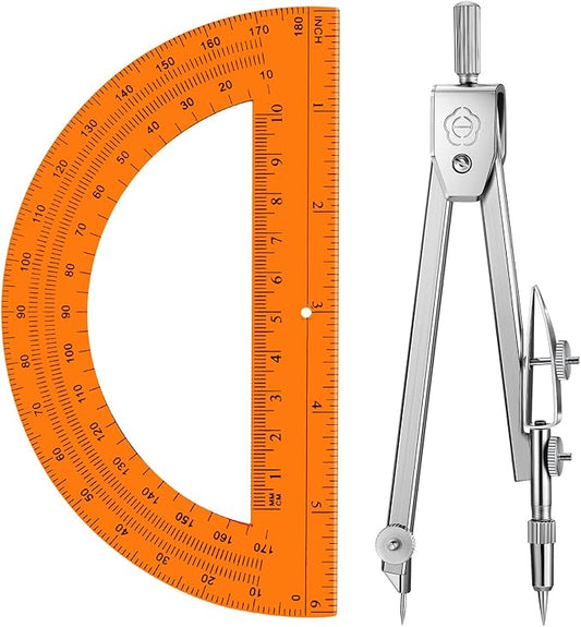 EBOOT Student Geometry Math Set, Drawing Compass and 6 Inch Swing Arm Protractor 180 Degree Math Protractor (Orange)