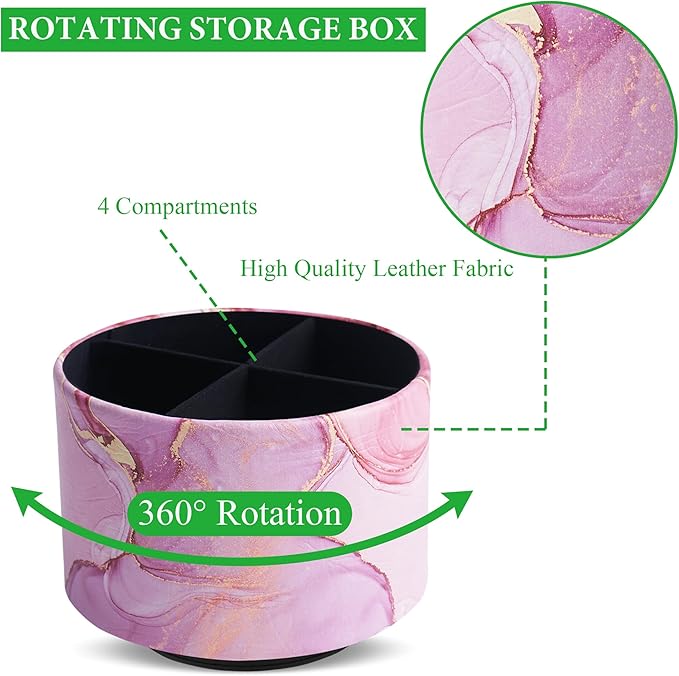 Round Leather Art Supply Organizer,Remote Control Holder,360-degree Rotating Pen Organizer with 4 Compartments(1-Pink Splash Ink)