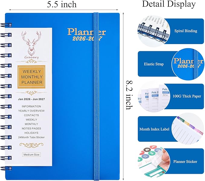 Daily Planner 2026-2027, Weekly and Monthly Planner 2026-2027 Academic Year, January 2026-June 2027 Calendar Planner, 8.2"×5.5", 18 Months, Agenda Book for Teacher, School Student (JAN.2026-JUN.2027 Deep Blue)