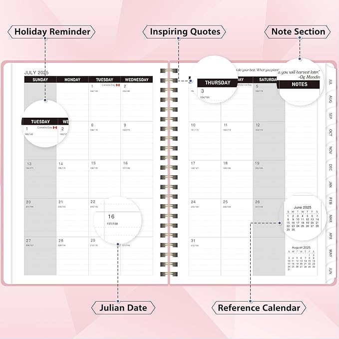 Planner 2025-2026, July 2025 - June 2026 Daily Weekly and Monthly Calendar Planner Book with Tabs, Notes Pages, Inner Pocket, Spiral Schedule Agenda A5 Notebook for School, College, Work-PINK