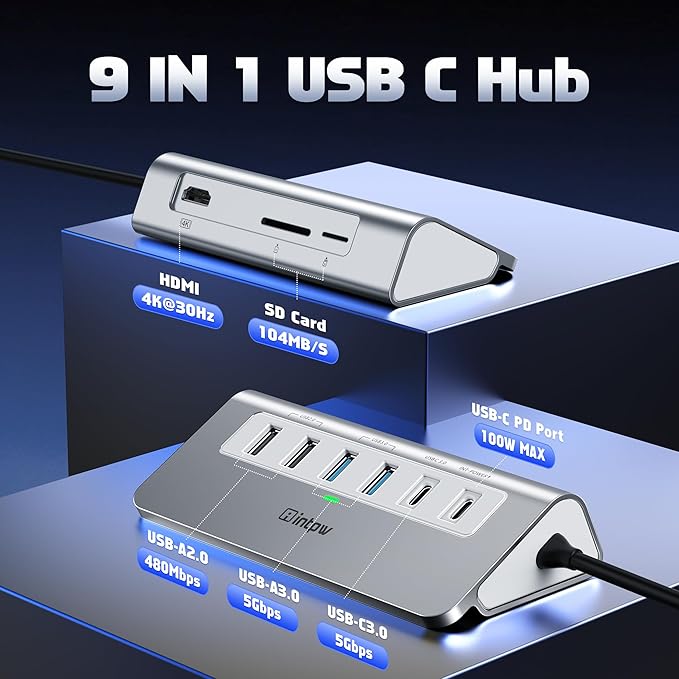 USB C Hub, INTPW 9-in-1 USB C Hub Multiport Adapter with 4K HDMI, PD 100W, Type-C and 2 USB A 3.0 5Gbps, 2 USB A 2.0, SD/TF Card Reader, Aluminum USB Hub for Laptop, iPhone 16/15 Series, MacBook, iPad