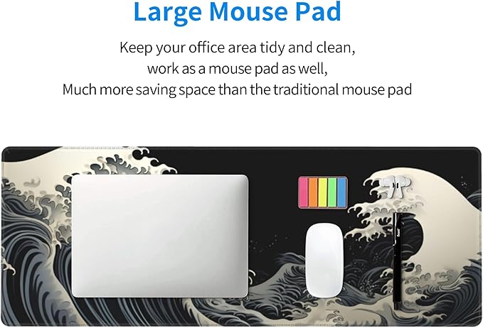 Stylish Japanese Ukiyo-e Style White and Black Ocean Wave Art Print Themed Mouse Pad 31.5 x 12 Inch, Anti-Slip Rubber Base, Ideal for Computer, Laptop, Office & Home Use