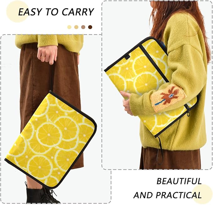 Expanding File Folder - 13 Pocket Accordion File Folders with Sticky Labels, A4 Letter Size Paper Document Organizer with Zipper Closure for Office School Boys Girls,Lemon