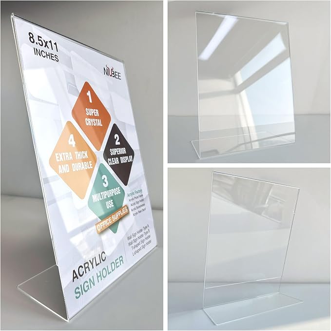 NIUBEE Acrylic Sign Holder 8.5 x 11 Inches Slanted Back, Clear Plastic Sign Holder Paper Display Table Stand for Office, Store, Restaurant (30 Pack)