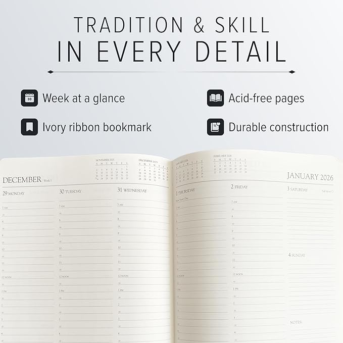 Gallery Leather Professional Weekly Monthly Planner 2026, Elegantly Bound Calendar Planner and Notebook with Stylish Gold-Gilded Page Edges, 12 Months - Acadia Tan - 9 x 7 "