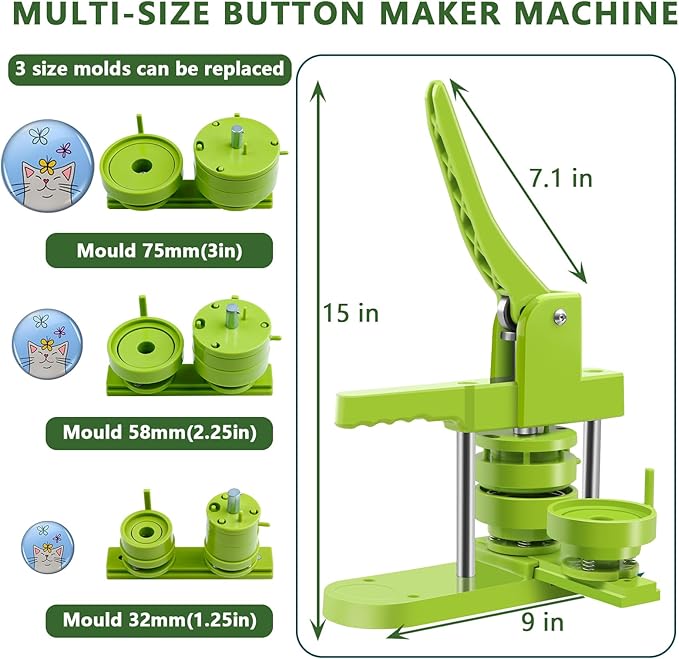 Button Maker Machine Multiple Sizes, DIY Pin Maker Button Press Machine 1.25+2.25+3 Inch, Removable Badge Press Kit with 300 Pcs 32mm+58mm+75mm Badge Supplies&Circle Cutter