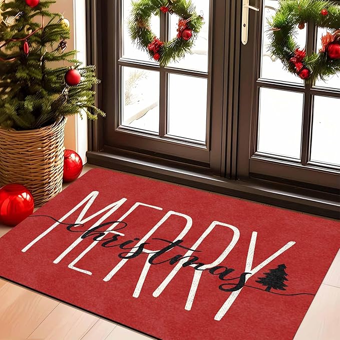Merry Christmas Doormat Red Funny Text Door mat Outdoor Entrance Christmas Festival Carpet for Outside Entrance Or Porch Entry Entrance Decoration, 16" x 24" Inch