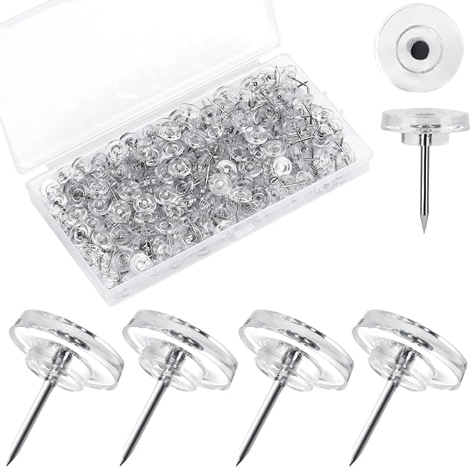 300Pcs Clear Push Pins，Flat Thumb Tacks for Bulletin Board，Plastic Head with Steel Point Thumb Tacks for Wall Cork Board