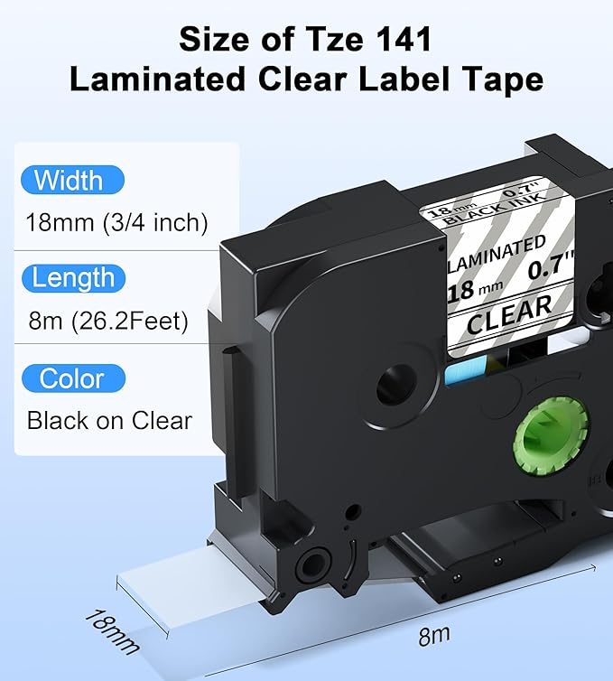 Tze-141 18mm 0.7inch Laminated Clear Tape Compatible for Brother PT-D400 Label Maker Tape Clear, TZ-141 Tze 18mm 3/4inch for Brother P-Touch PT-D600, PT-D410, PT-D610BT Label Maker, 5 Pack