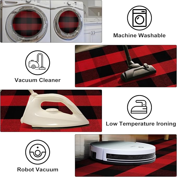 KIMODE Buffalo Plaid Outdoor Rug Red and Black 24"X51",Washable Christmas Front Door Mat,Reversible Cotton Hand-Woven Layering Rug for Front Porch Christmas Decor,Entryway,Kitchen
