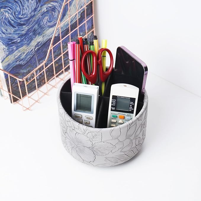 Hennaja Round Leather Art Supply Organizer,Remote Control Holder,360 Degree Spinning,Multi-Functional Pencil Holder,4 Compartments Desktop Stationary Organizer(1-Carved Grey)