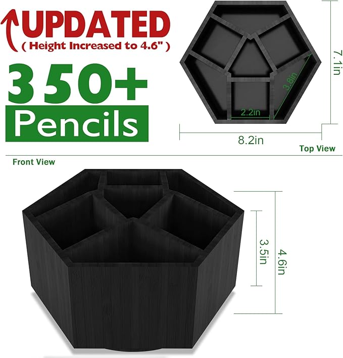 Art Caddy Organizer for Kids, Bamboo Pencil Organizer with 7 Large Compartment, Pen Storage Organizer, Marker Holder, Desk Caddy holds 325+ pencils, Education Supplies & Craft Supplies, Black