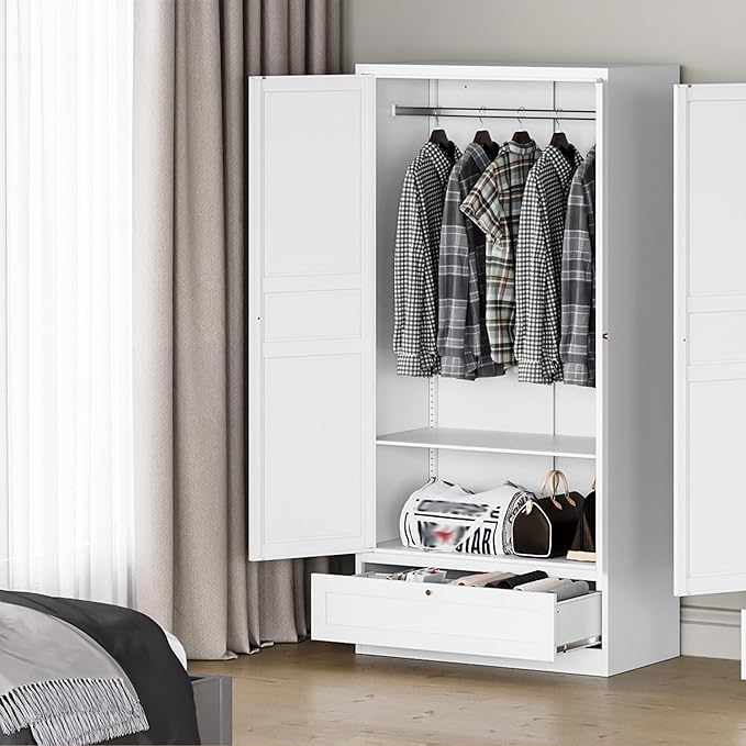 MIIIKO Wardrobe Closet with Drawer, 2 Doors Clothes Cabinet, 72" Metal Storage Cabinets with Hanging Rod, Bedroom Armoires Laundry Room and Office Clothes Storage Organizer Cabinets