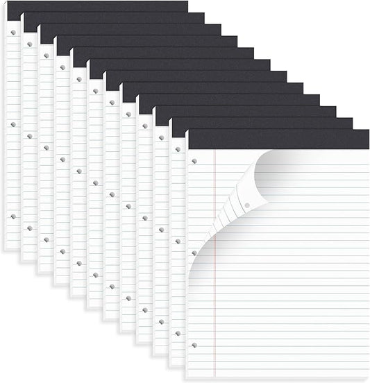 HAUTOCO 12 Pack 8.5 x 11 Legal Pads White Wide Ruled Notepads Perforated Writing Pads, 30 Sheets Per Notepad, 3-Hole Punched Paper, Writing Note Pads for School, Home, Office, Business