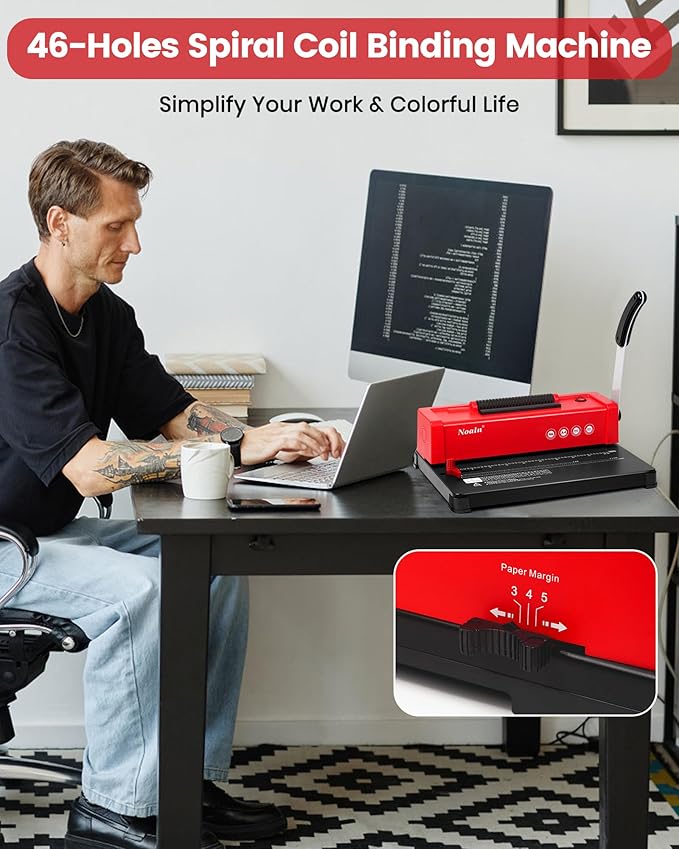 46-Hole Binding Machine Spiral Coil Binder Classic Red,DIY Book Binder Kits with Electric Coil Inserter,100pcs Comb Binding Spines,for Letter Size/A4/A5 School Office Home