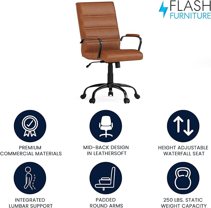 Flash Furniture Whitney Mid-Back Swivel Leather Desk Chair with Padded Seat and Armrests, Adjustable Height Padded Leather Office Chair, Brown/Black