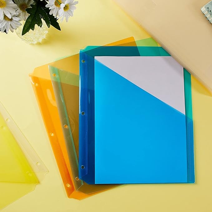 Maitys 50 Pack Binder Pockets 3 Hole Punch Clear Plastic Document Folders Binder Organizer Store Letter Size 8.5x11 Inch Paper Folders with Pockets Slash File Jacket for Office (Fresh Color)