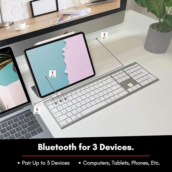 Macally Wireless Bluetooth Keyboard for Mac - Compatible Apple Keyboard or MacBook Pro/Air, iMac - Multi-Device, Up to 3 Devices with 110 Keys, 20 Shortcuts, Numeric Keypad, and Rechargeable - Silver